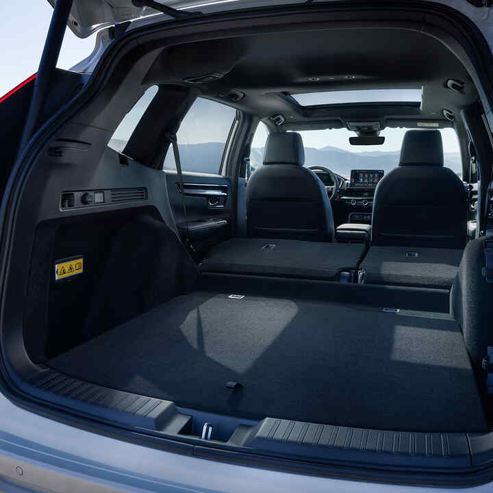 Honda CR-V Plug-in Hybrid SUV set bagfra med hund og model, der sidder i bagagerummet.