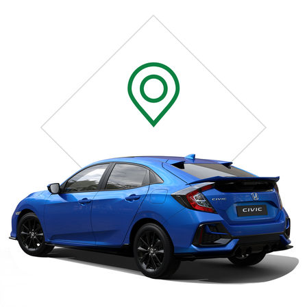Honda Civic, set skråt bagfra, med billede af forhandler.