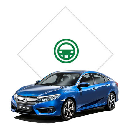 Honda Civic 4-dørs med billede af prøvetur, set skråt forfra.