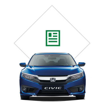 Honda Civic 4-dørs med billede af brochure, set forfra.