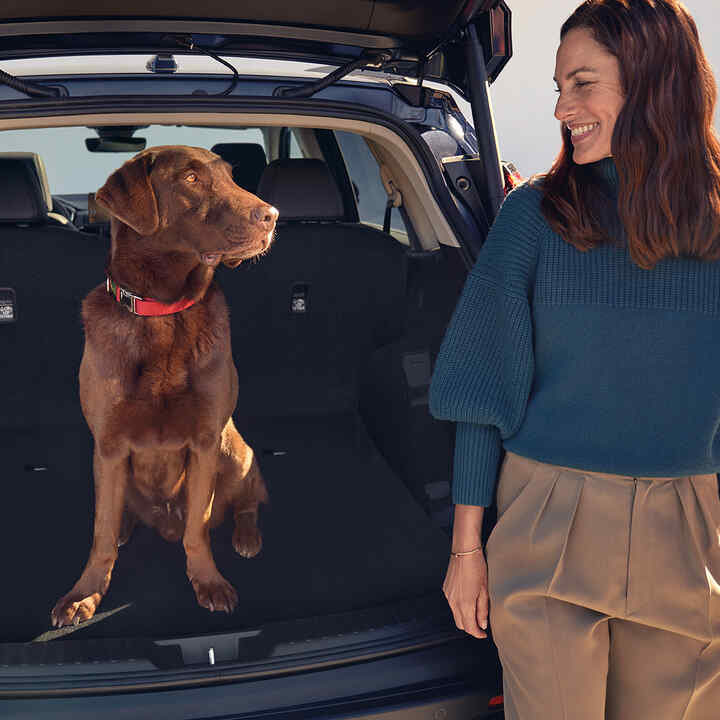 Honda CR-V Plug-in Hybrid SUV set bagfra med hund og model, der sidder i bagagerummet.