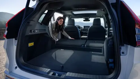 CR-V Plug-in Hybrid-SUV's tilbagelænede bagsæde med kvinde og hund, set fra åbent bagagerum. 