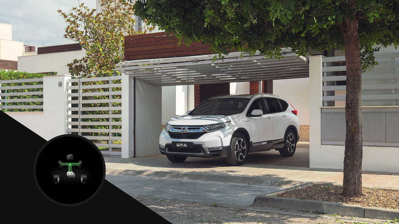 Illustration af Electric Drive på en Honda CR-V Hybrid, der holder i en garage, set fra siden.