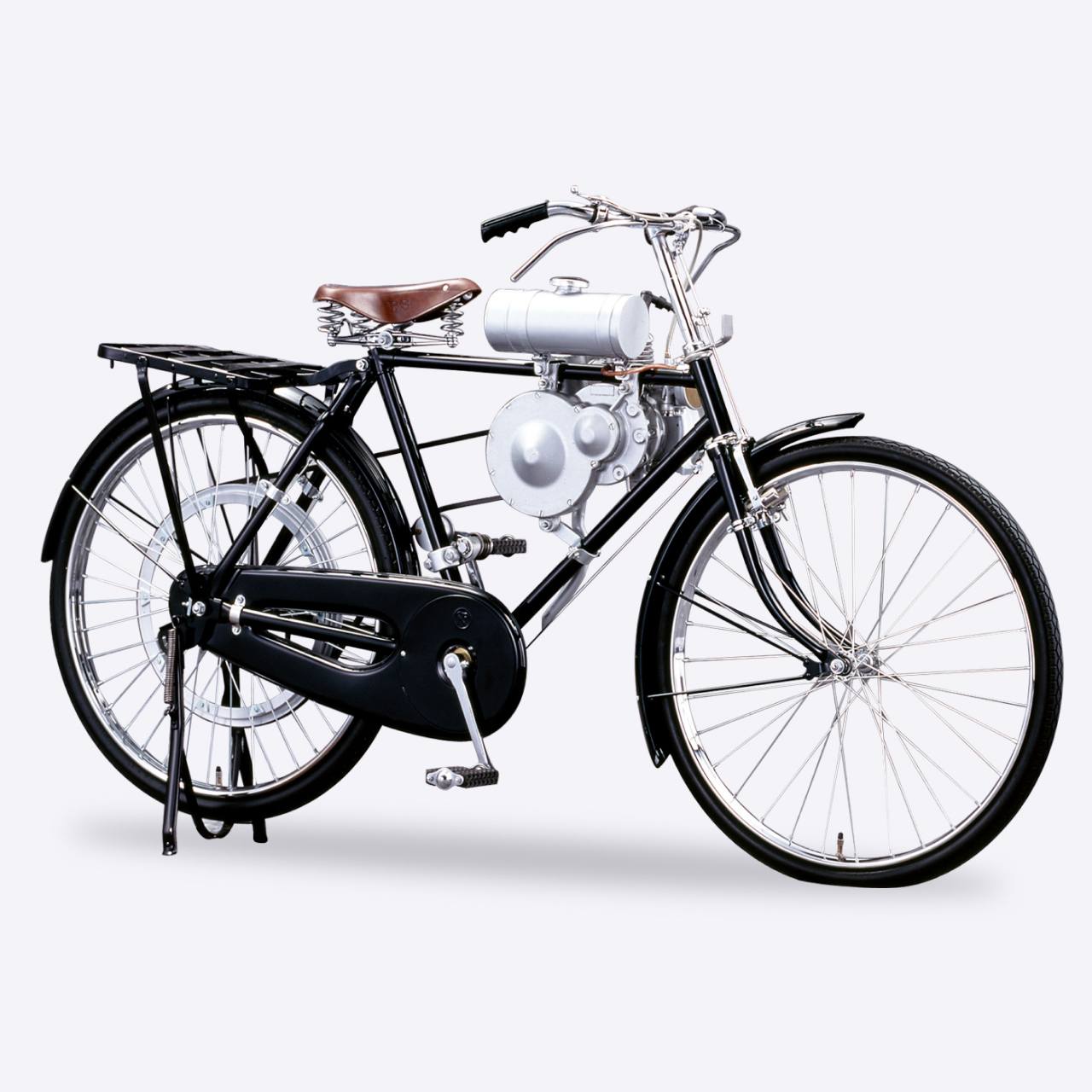 Honda Type A-cykel med en ombygget strømgenerator, set fra siden.